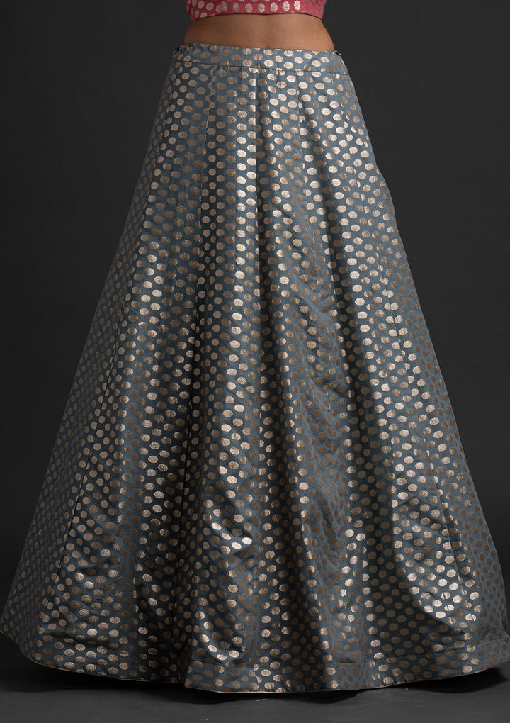 Light Grey Zariwork Banarasi Designer Skirt - koskii