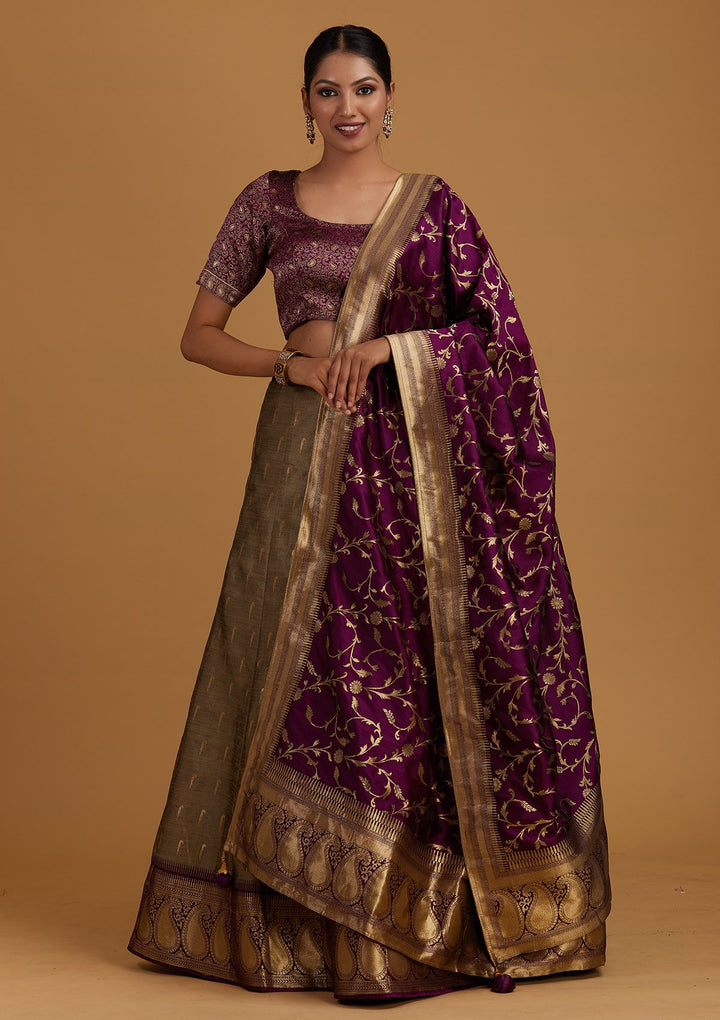 Light Grey Zariwork Brocade Designer Semi-Stitched Lehenga - Koskii