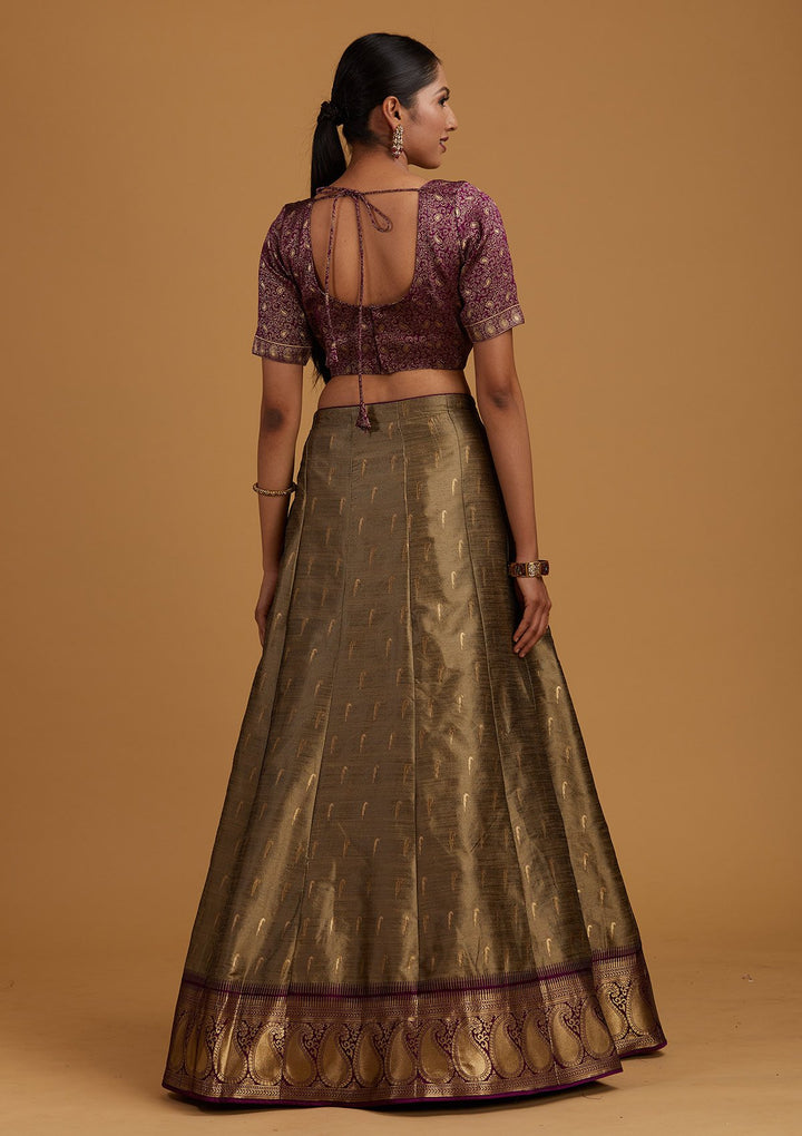 Light Grey Zariwork Brocade Designer Semi-Stitched Lehenga - Koskii