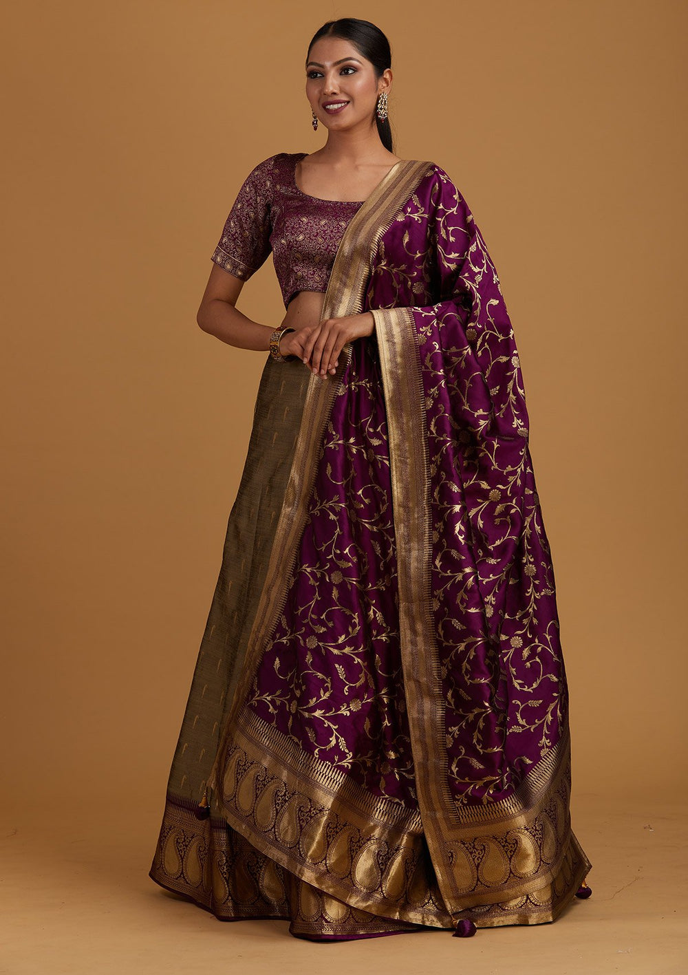 Light Grey Zariwork Brocade Designer Semi-Stitched Lehenga - Koskii