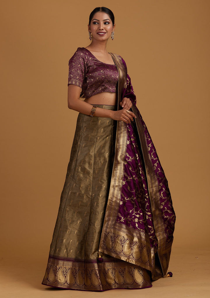Light Grey Zariwork Brocade Designer Semi-Stitched Lehenga - Koskii