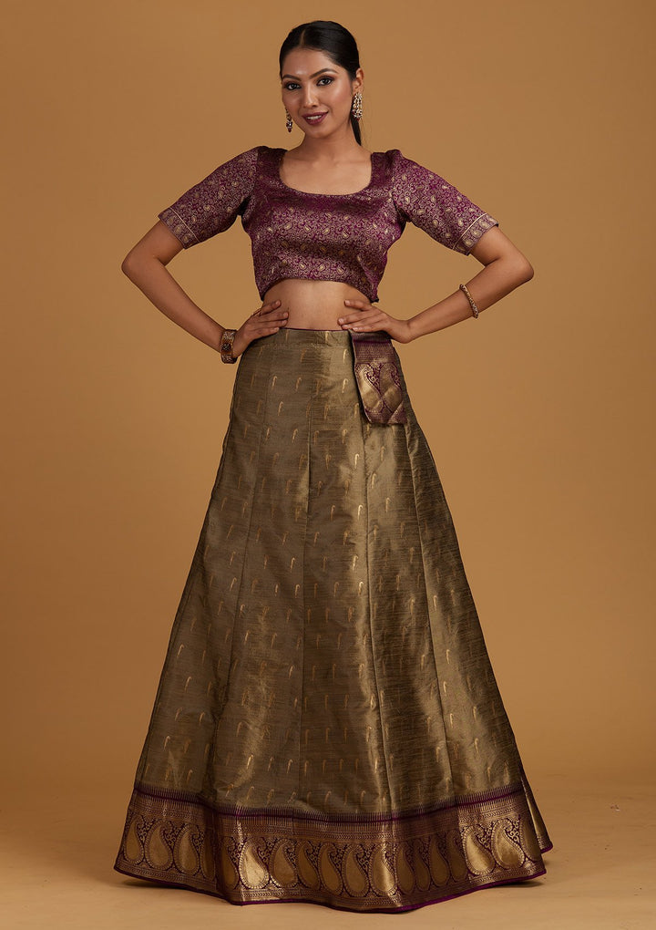 Light Grey Zariwork Brocade Designer Semi-Stitched Lehenga - Koskii