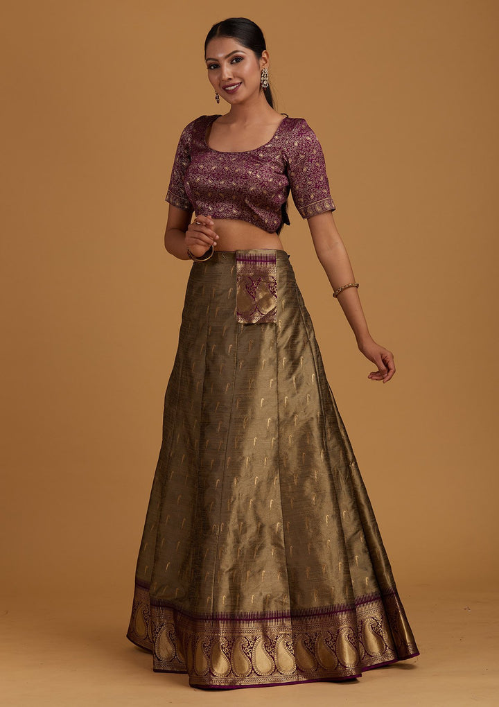 Light Grey Zariwork Brocade Designer Semi-Stitched Lehenga - Koskii