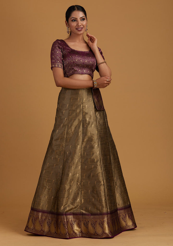 Light Grey Zariwork Brocade Designer Semi-Stitched Lehenga - Koskii