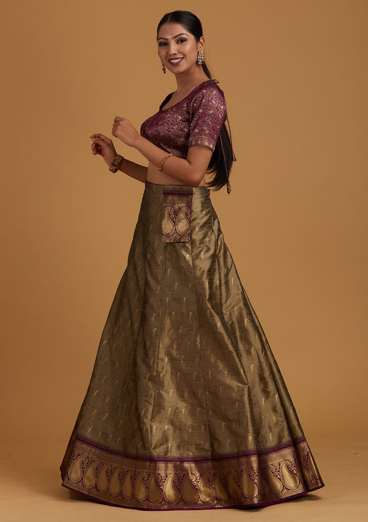 Light Grey Zariwork Brocade Designer Semi-Stitched Lehenga - Koskii
