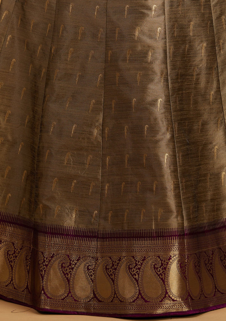 Light Grey Zariwork Brocade Designer Semi-Stitched Lehenga - Koskii