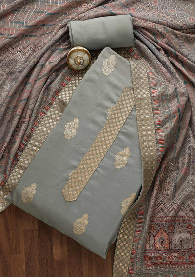 Light Grey Zariwork Art Silk Semi-Stitched Salwar Suit-Koskii