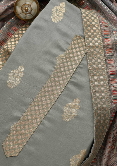 Light Grey Zariwork Art Silk Semi-Stitched Salwar Suit-Koskii