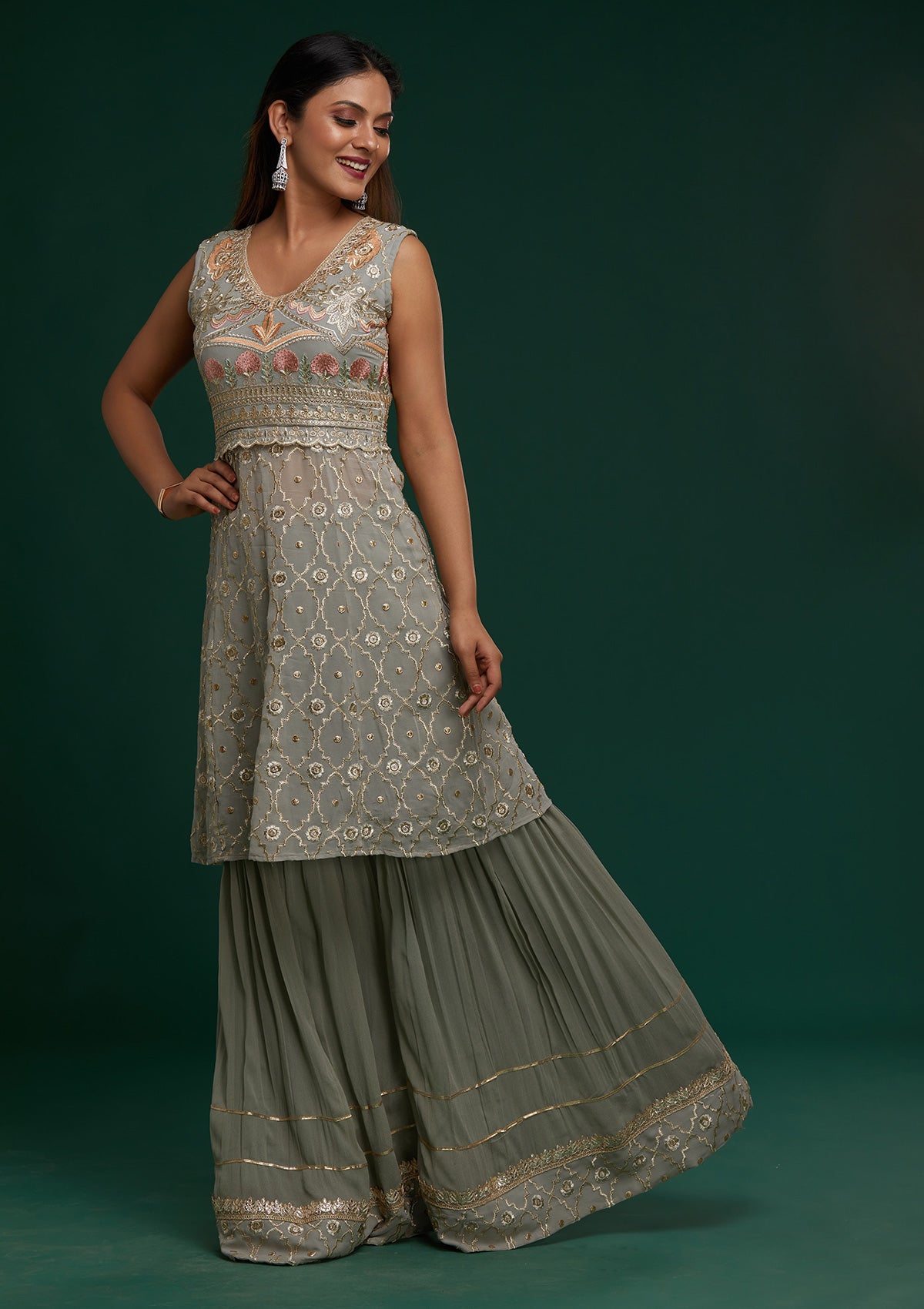 Light Grey Zariwork Georgette Designer Salwar Suit - Koskii