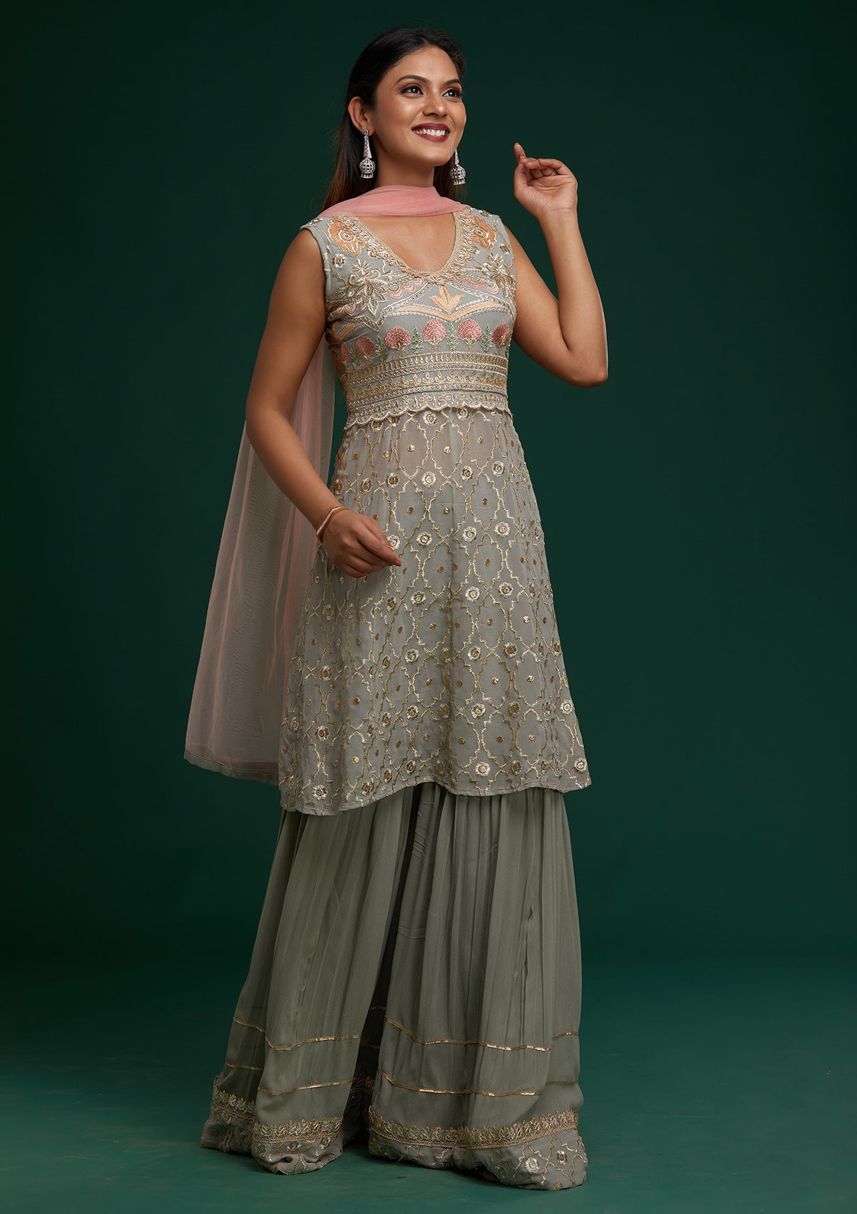 Light Grey Zariwork Georgette Designer Salwar Suit - Koskii