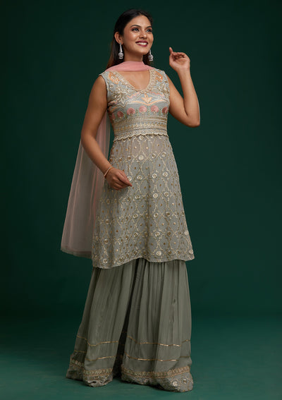 Light Grey Zariwork Georgette Designer Salwar Suit - Koskii