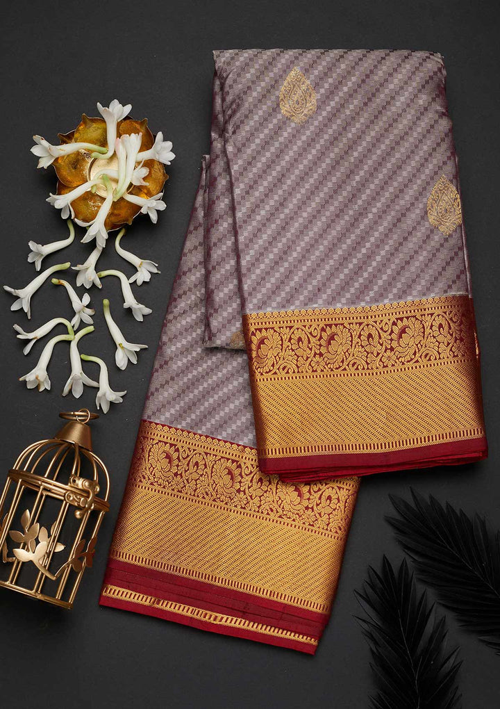Light Grey Zariwork Pure Silk Designer Saree - Koskii