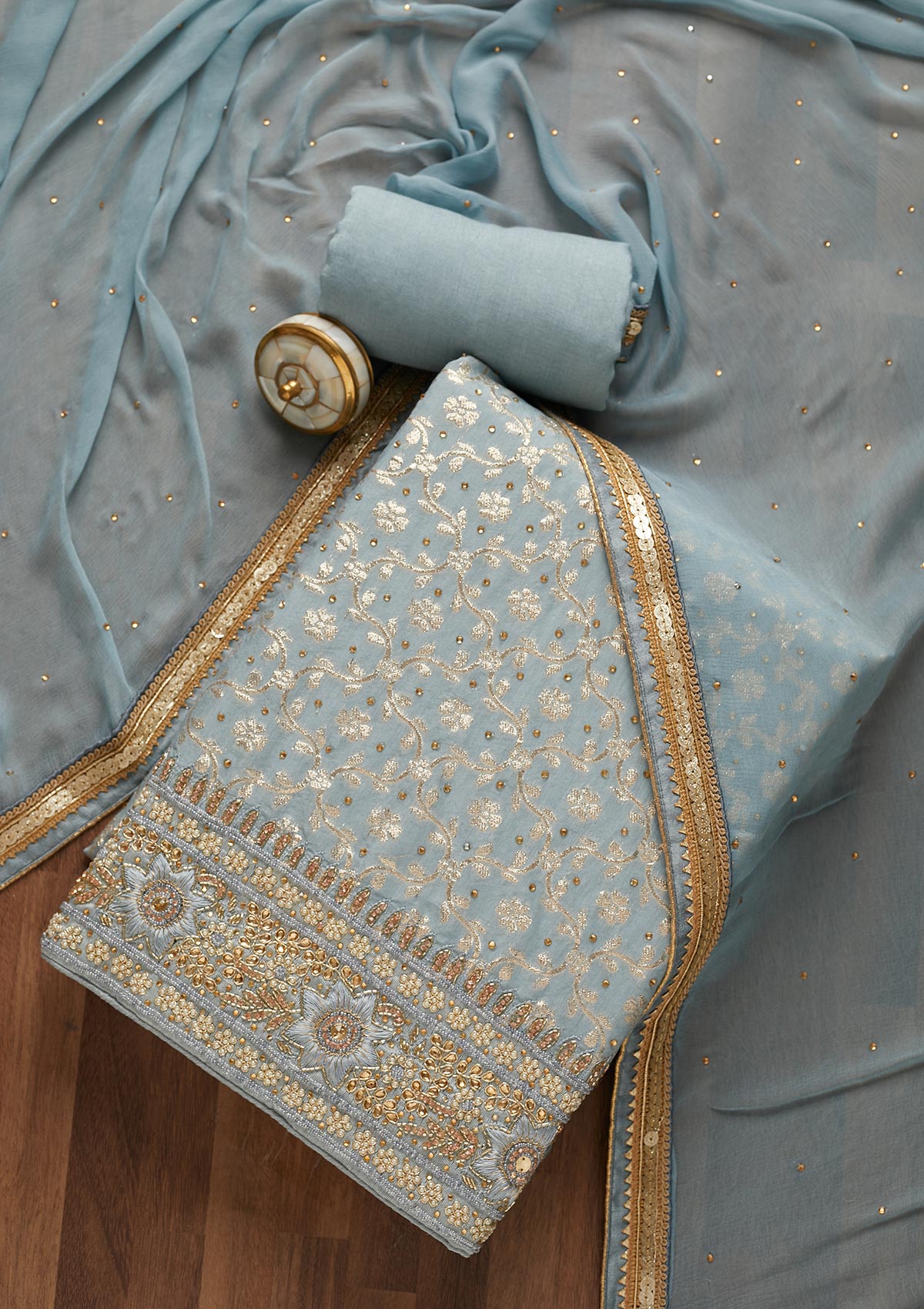 Light Grey Zariwork Raw Silk Unstitched Salwar Suit - Koskii