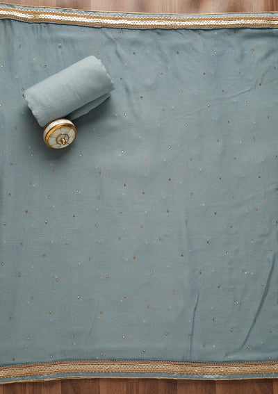 Light Grey Zariwork Raw Silk Unstitched Salwar Suit-Koskii