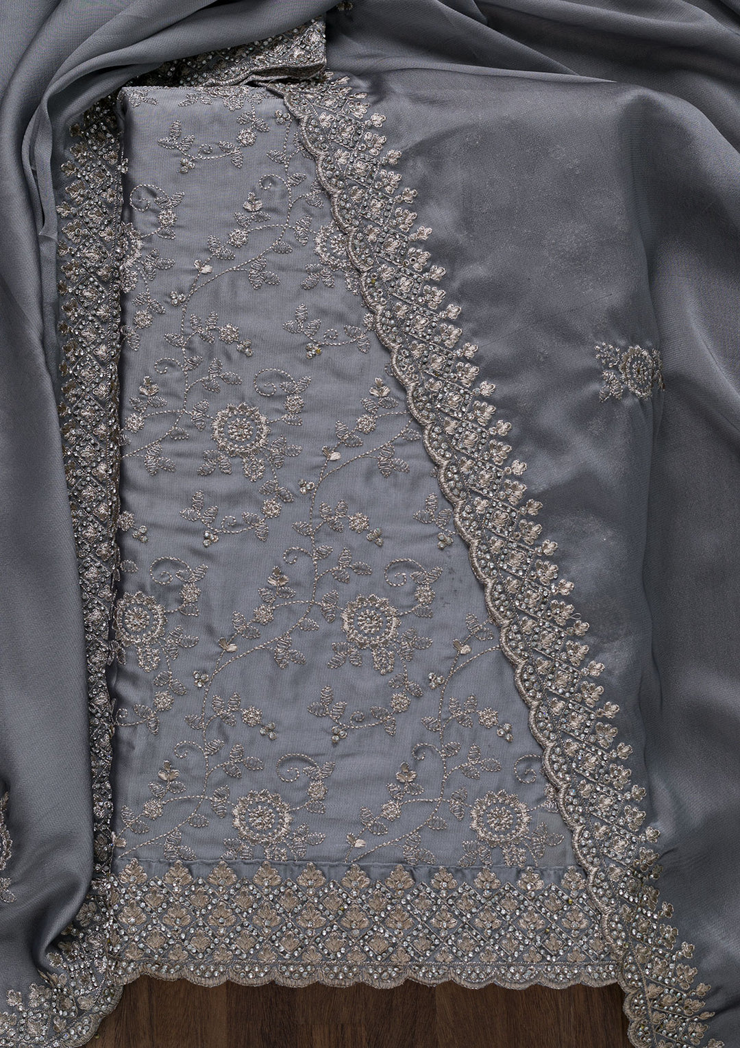 Light Grey Zariwork Satin Unstitched Salwar Suit-Koskii