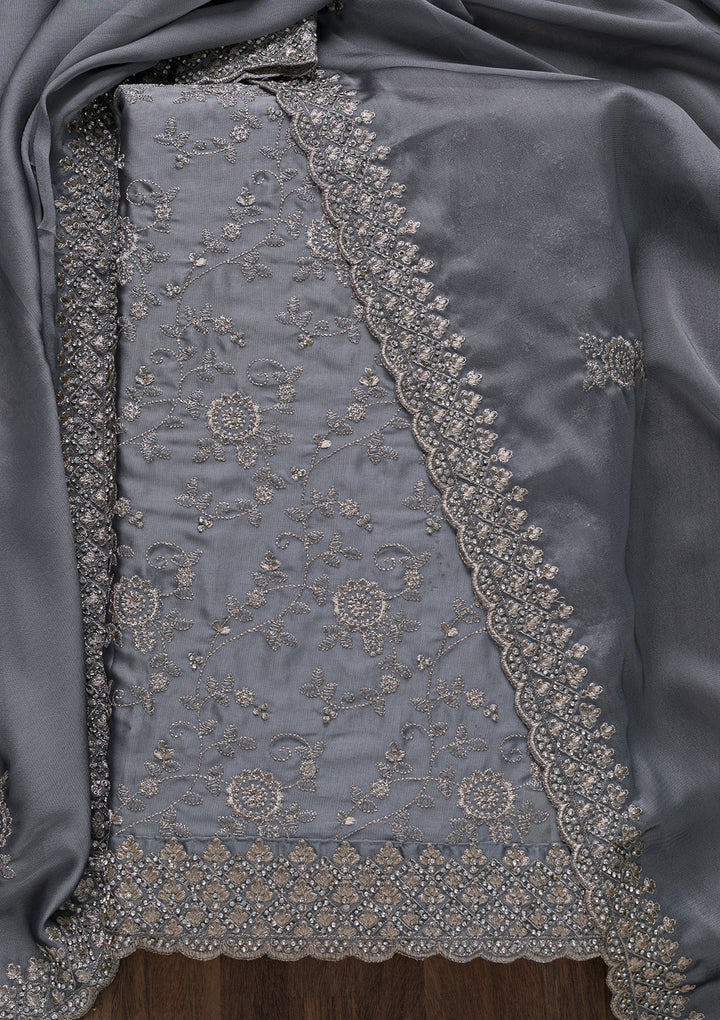 Light Grey Zariwork Satin Unstitched Salwar Suit-Koskii