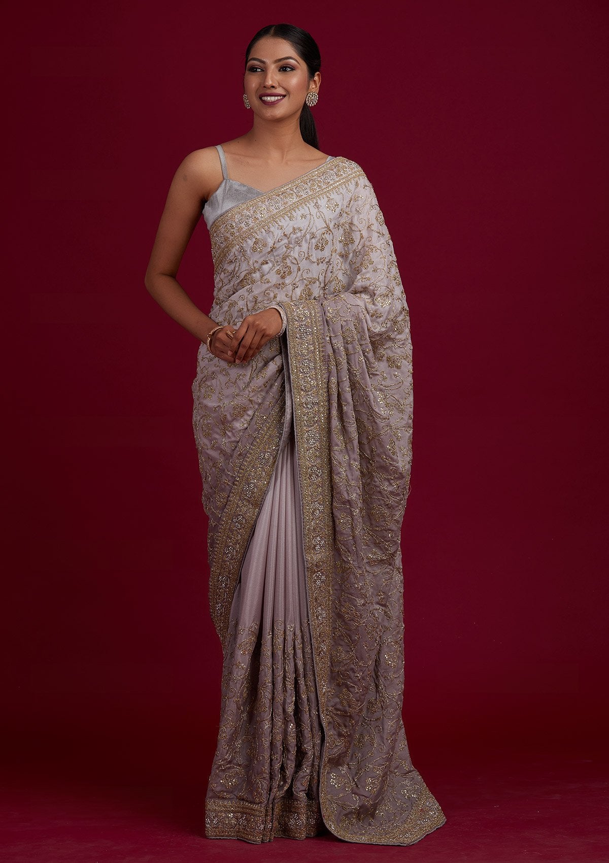 Light Grey Zariwork Semi Crepe Designer Saree - Koskii