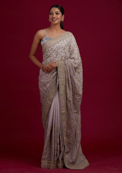 Light Grey Zariwork Semi Crepe Designer Saree - Koskii
