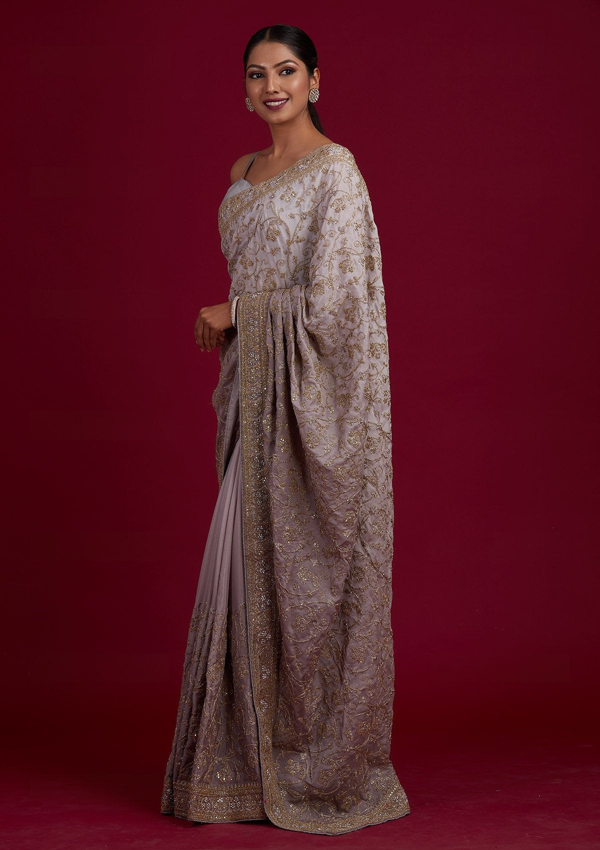 Light Grey Zariwork Semi Crepe Designer Saree - Koskii