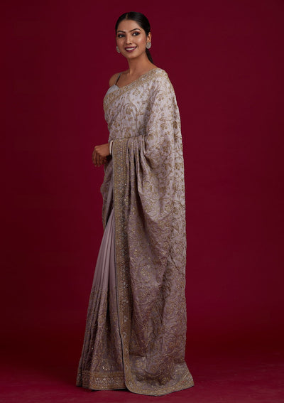 Light Grey Zariwork Semi Crepe Designer Saree - Koskii