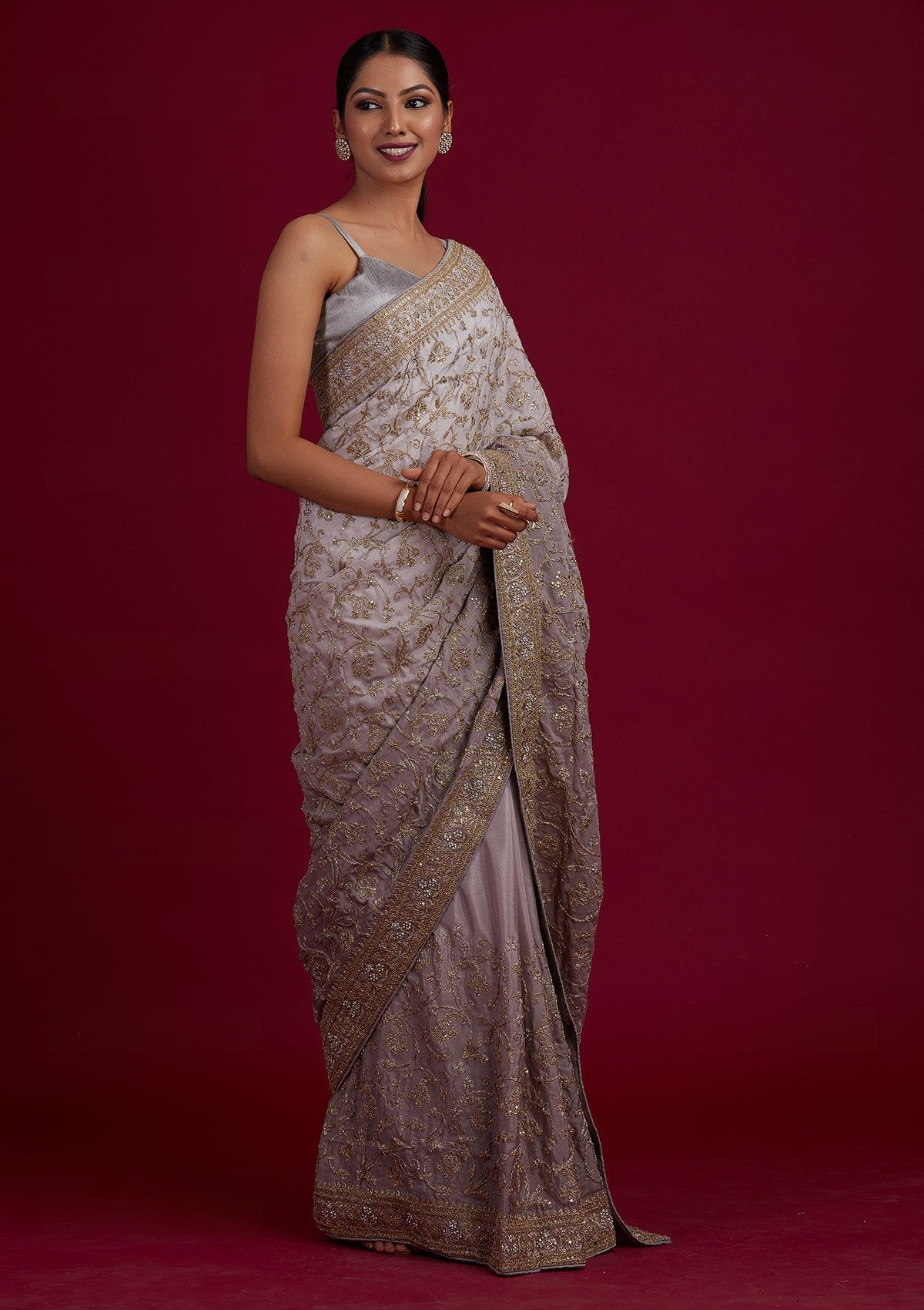 Light Grey Zariwork Semi Crepe Designer Saree - Koskii