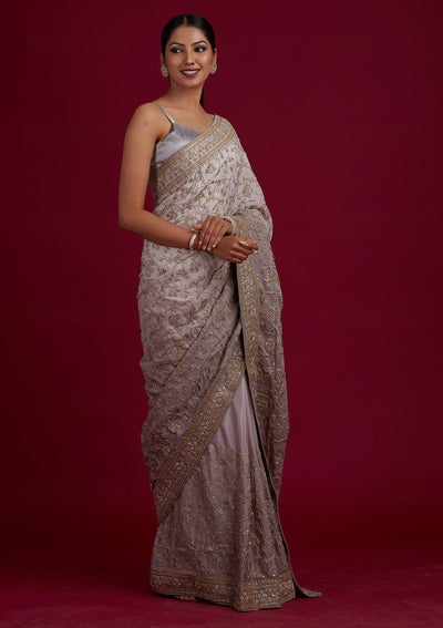 Light Grey Zariwork Semi Crepe Designer Saree - Koskii