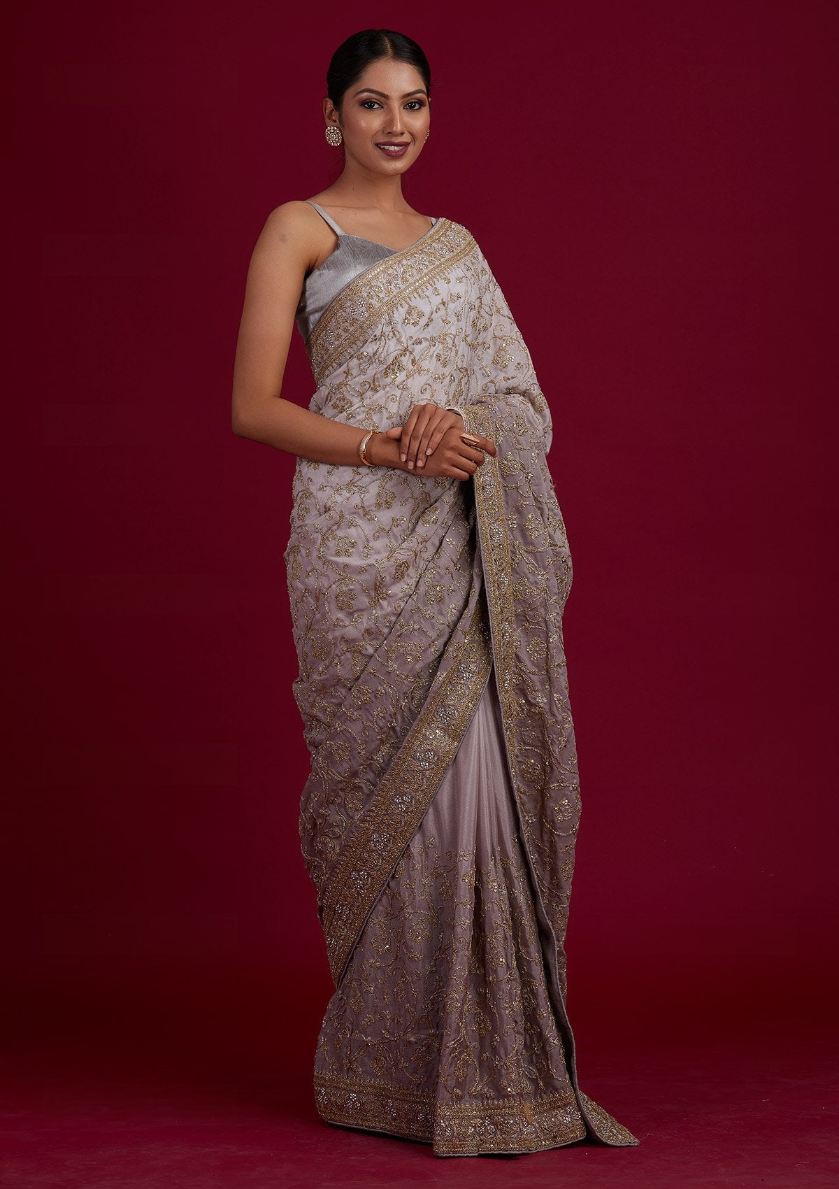 Light Grey Zariwork Semi Crepe Designer Saree - Koskii
