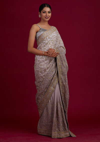 Light Grey Zariwork Semi Crepe Designer Saree - Koskii