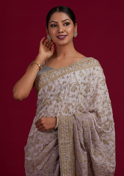 Light Grey Zariwork Semi Crepe Designer Saree - Koskii