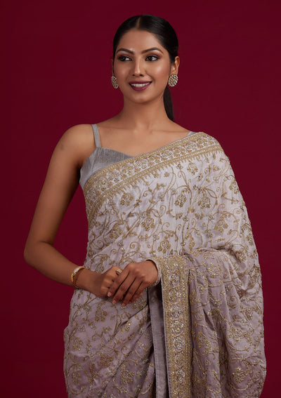 Light Grey Zariwork Semi Crepe Designer Saree - Koskii
