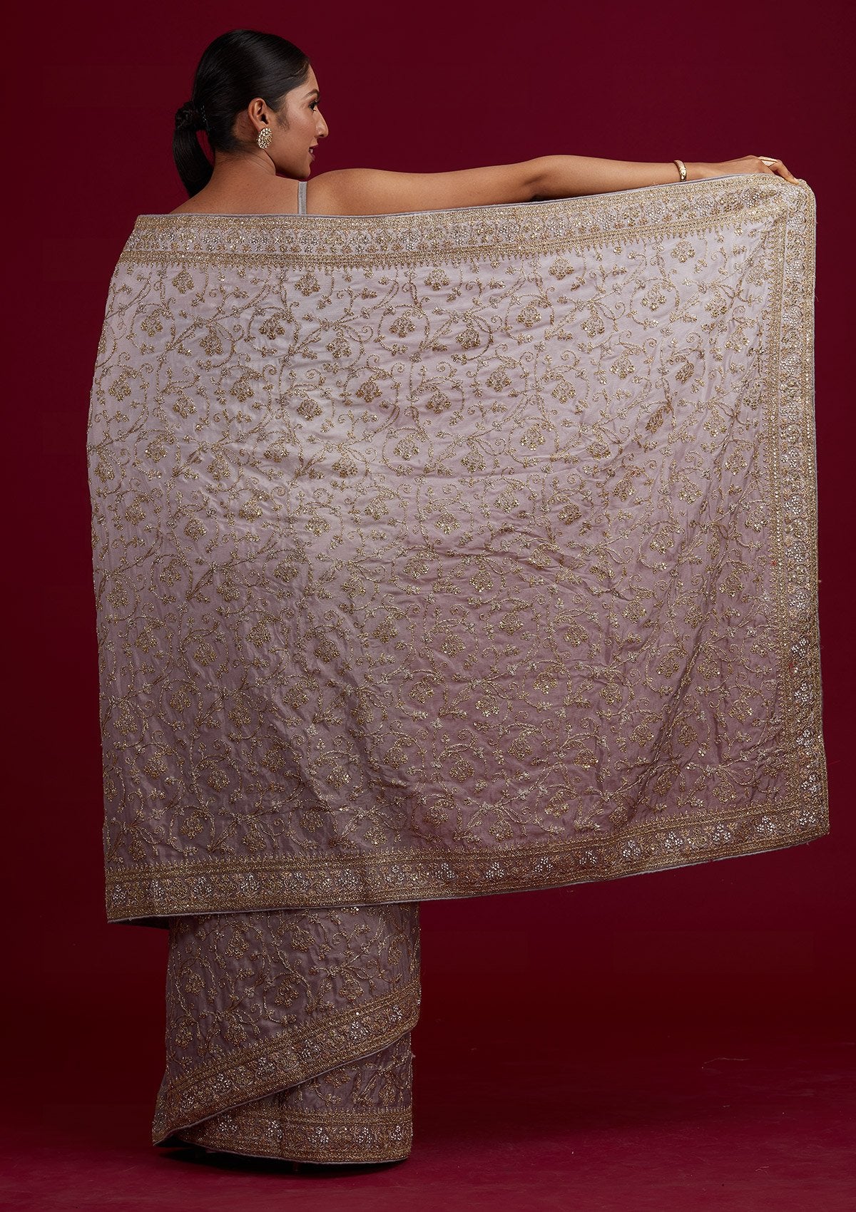 Light Grey Zariwork Semi Crepe Designer Saree - Koskii