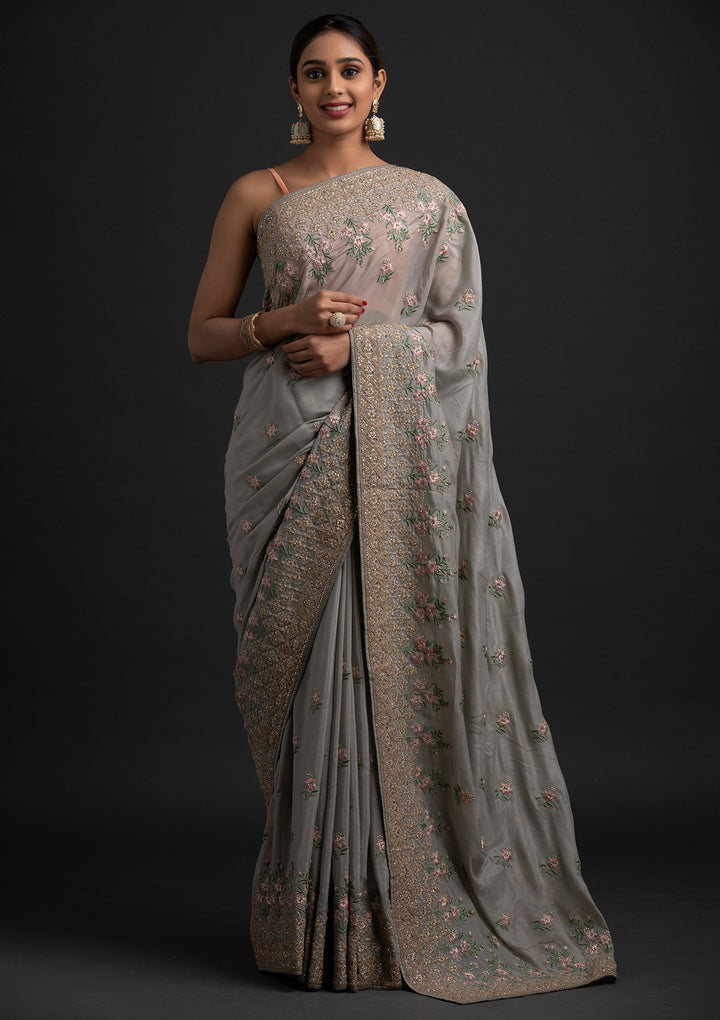 Light Grey Zariwork Shimmer Designer Saree - koskii