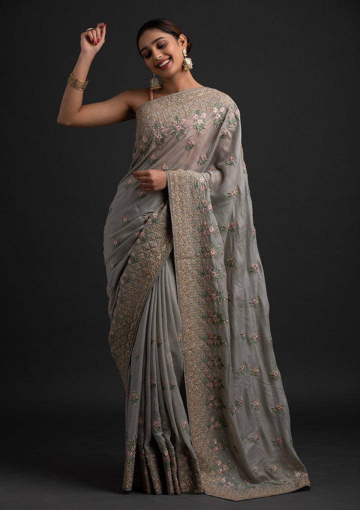 Light Grey Zariwork Shimmer Designer Saree - koskii