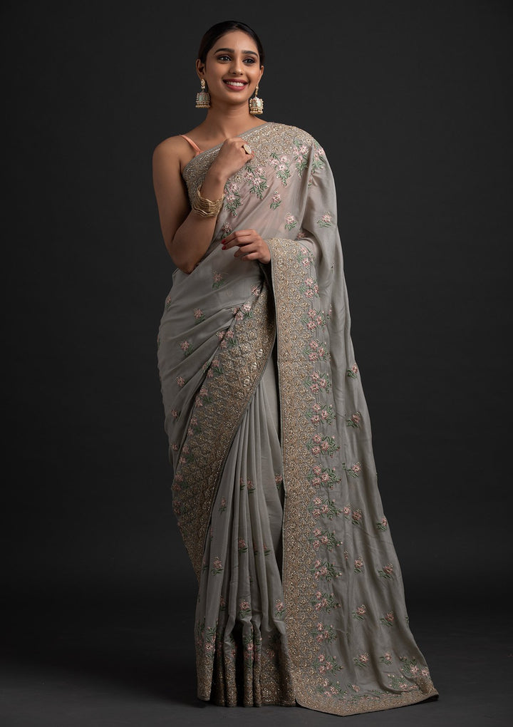 Light Grey Zariwork Shimmer Designer Saree - koskii