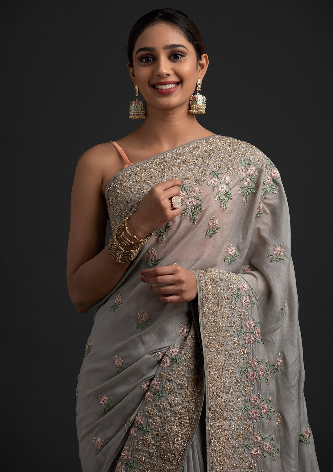 Light Grey Zariwork Shimmer Designer Saree - koskii