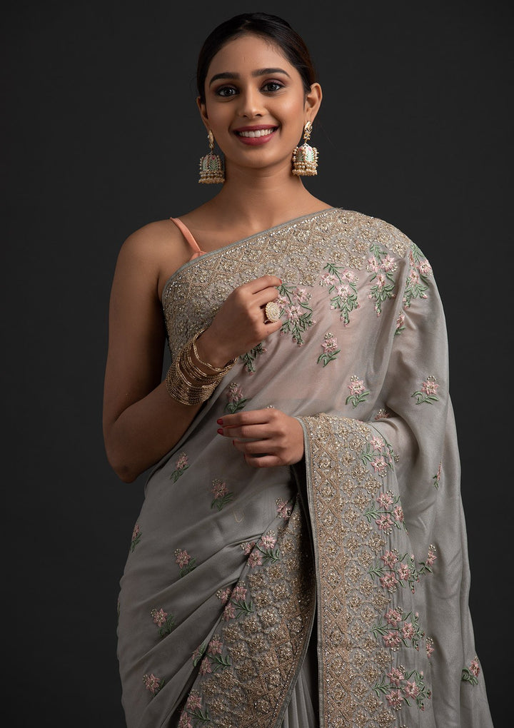 Light Grey Zariwork Shimmer Designer Saree - koskii