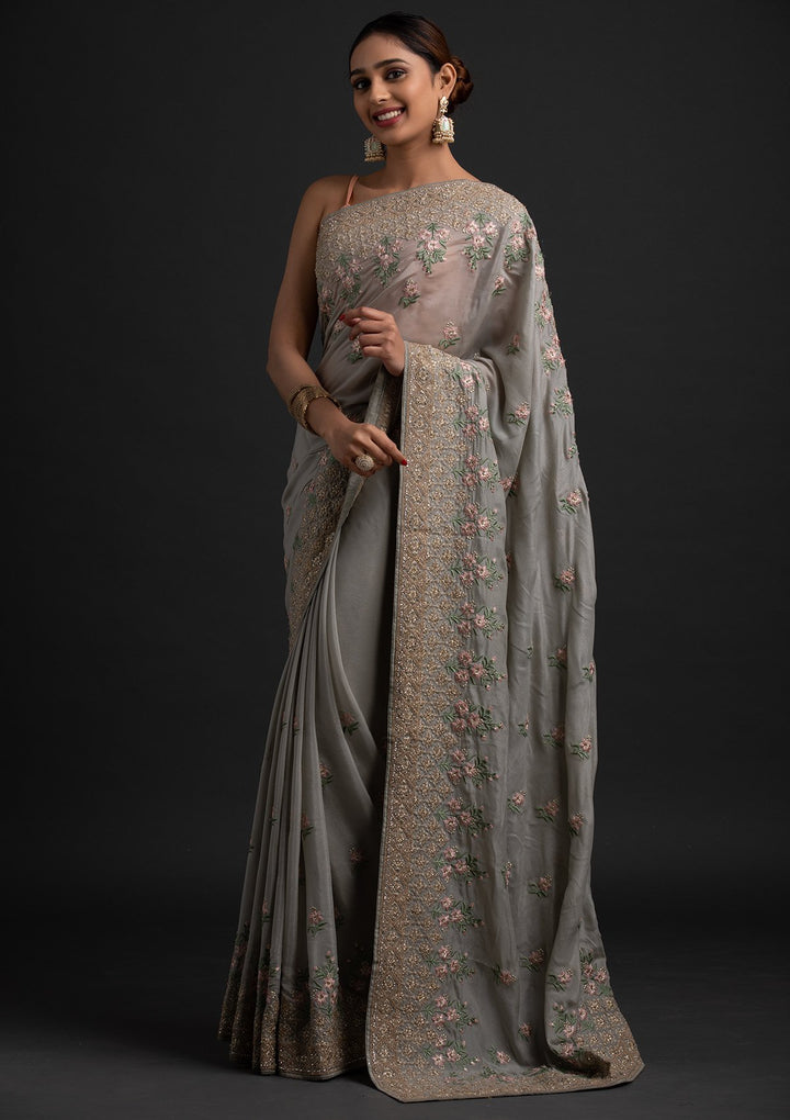 Light Grey Zariwork Shimmer Designer Saree - koskii