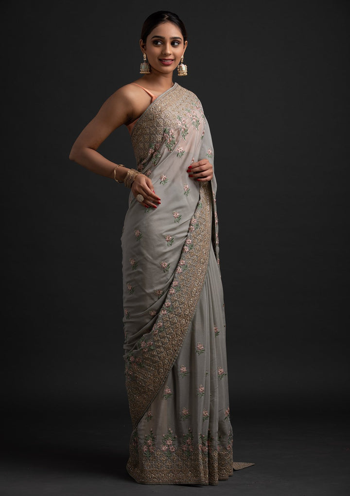 Light Grey Zariwork Shimmer Designer Saree - koskii