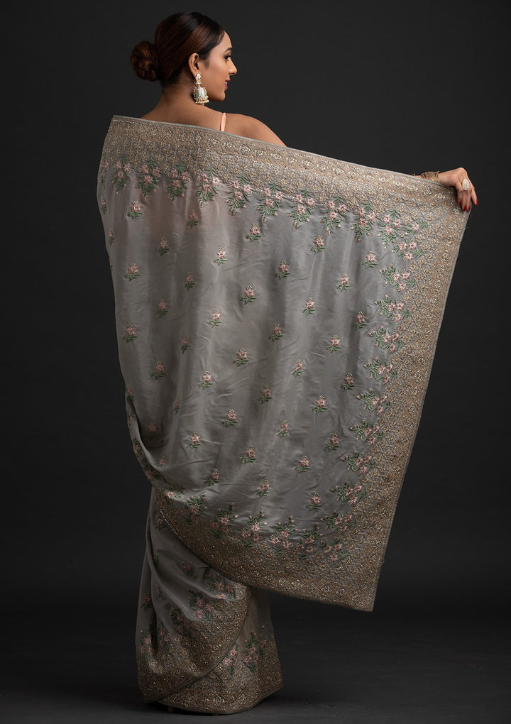 Light Grey Zariwork Shimmer Designer Saree - koskii