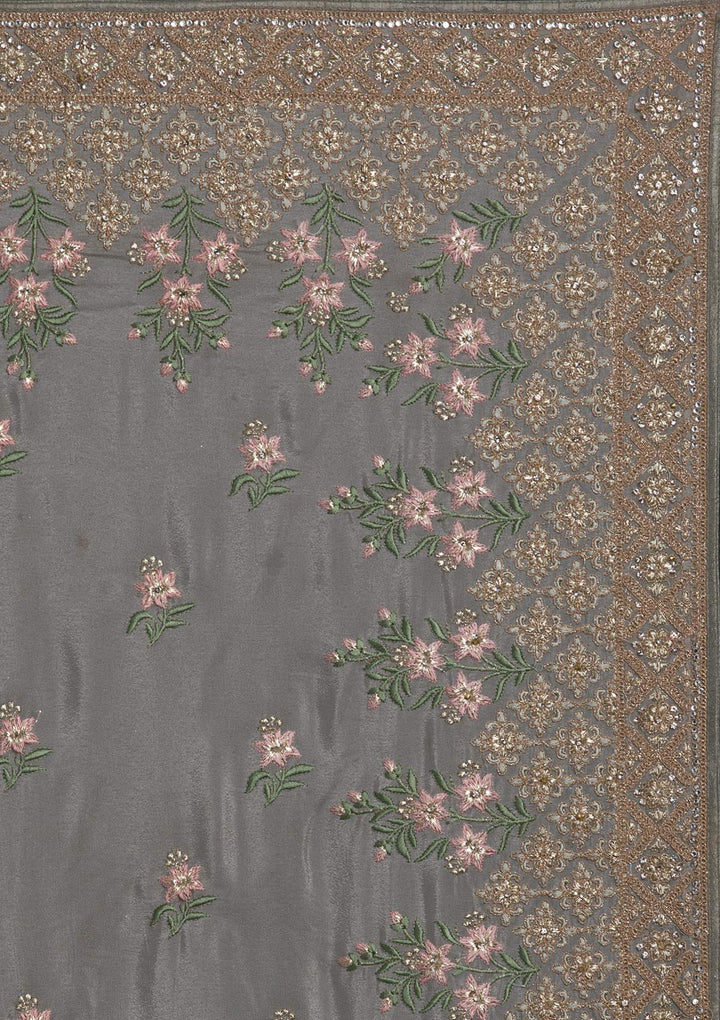Light Grey Zariwork Shimmer Designer Saree - koskii