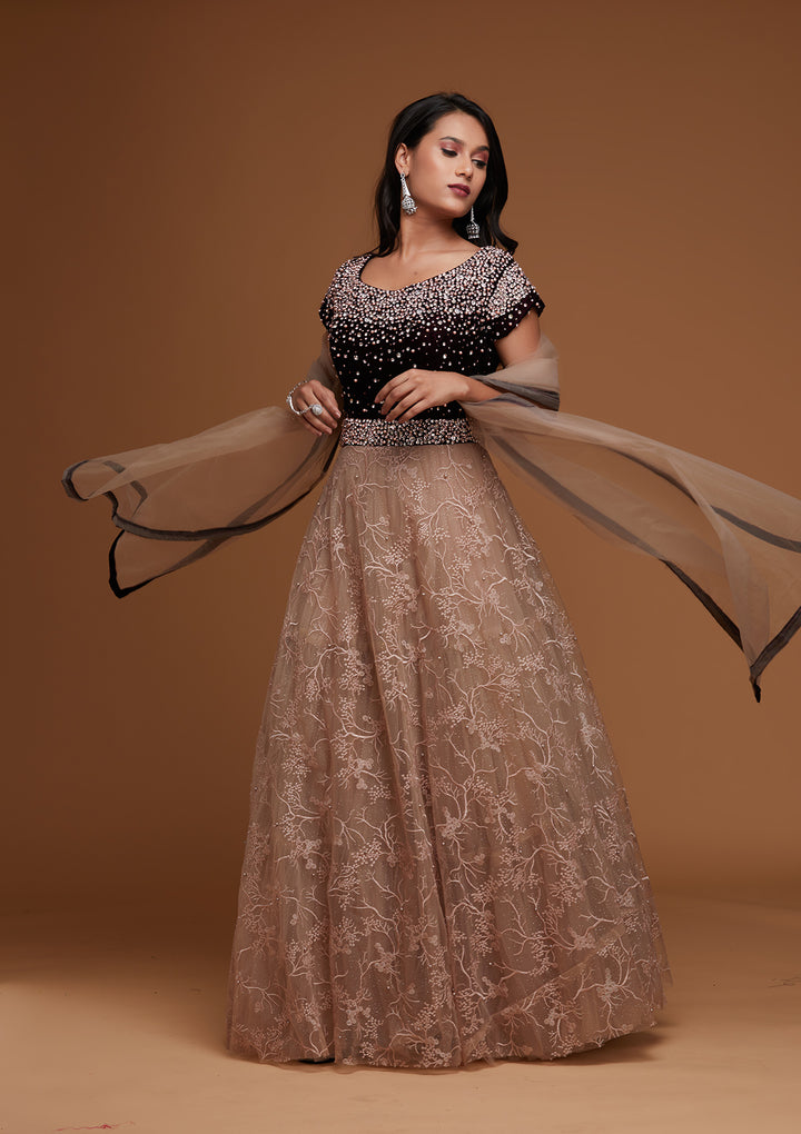 Light Lavender Stone Work Velvet Designer Gown - Koskii