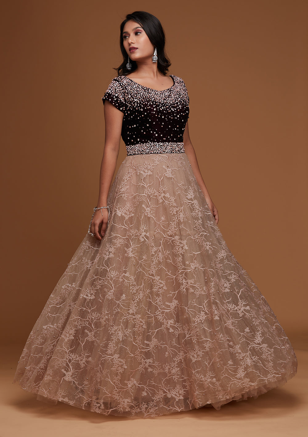 Light Lavender Stone Work Velvet Designer Gown - Koskii