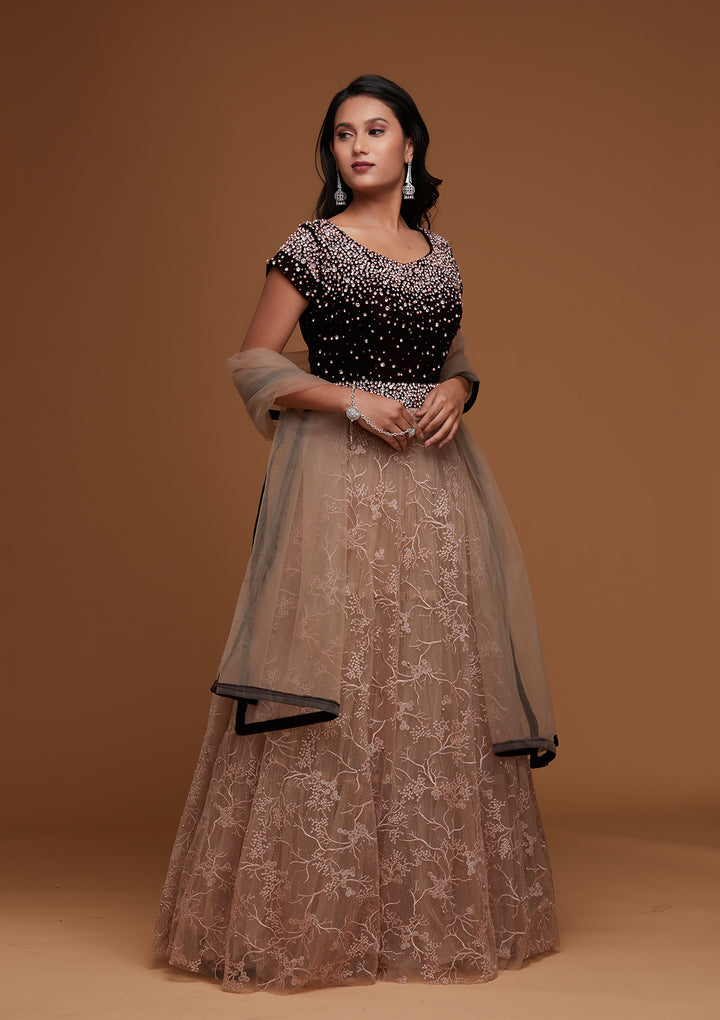 Light Lavender Stone Work Velvet Designer Gown - Koskii