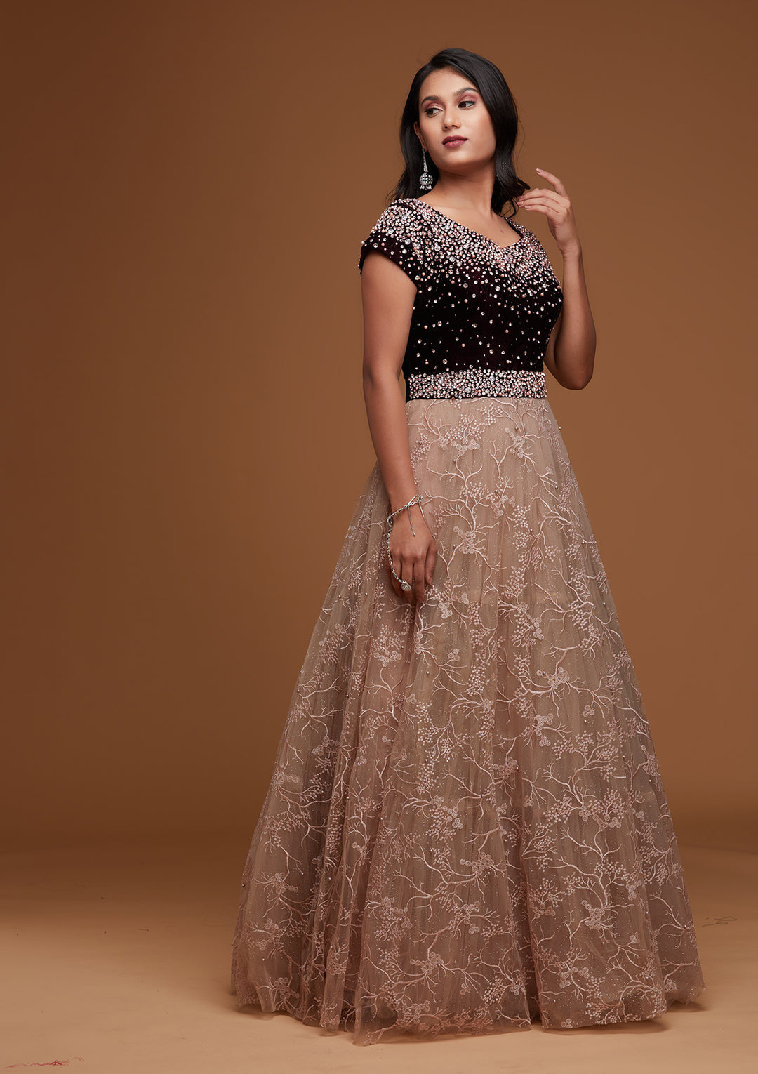 Light Lavender Stone Work Velvet Designer Gown - Koskii