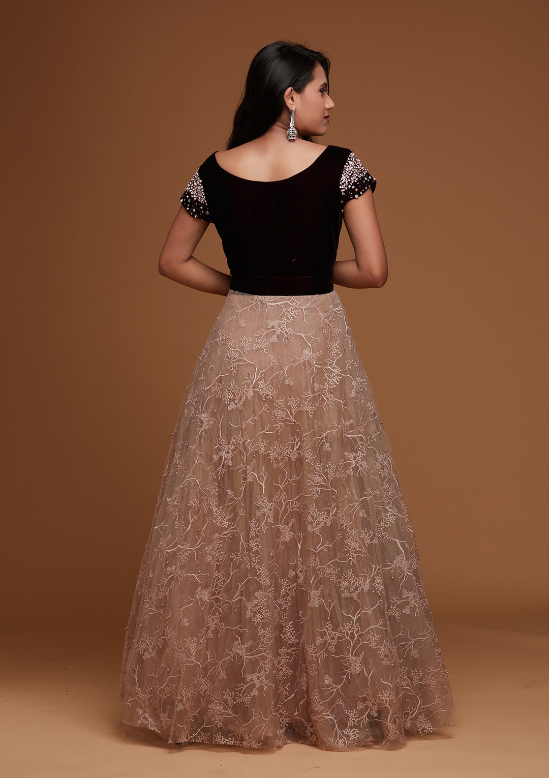 Light Lavender Stone Work Velvet Designer Gown - Koskii