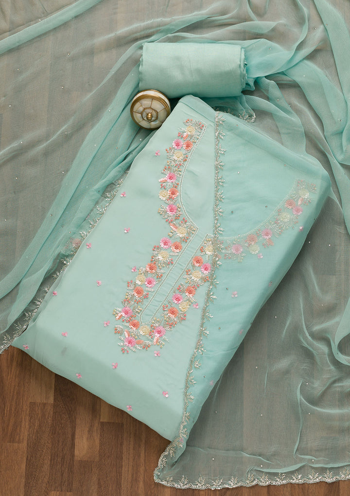 Light Blue Sequins Organza Unstitched Salwar Suit-Koskii