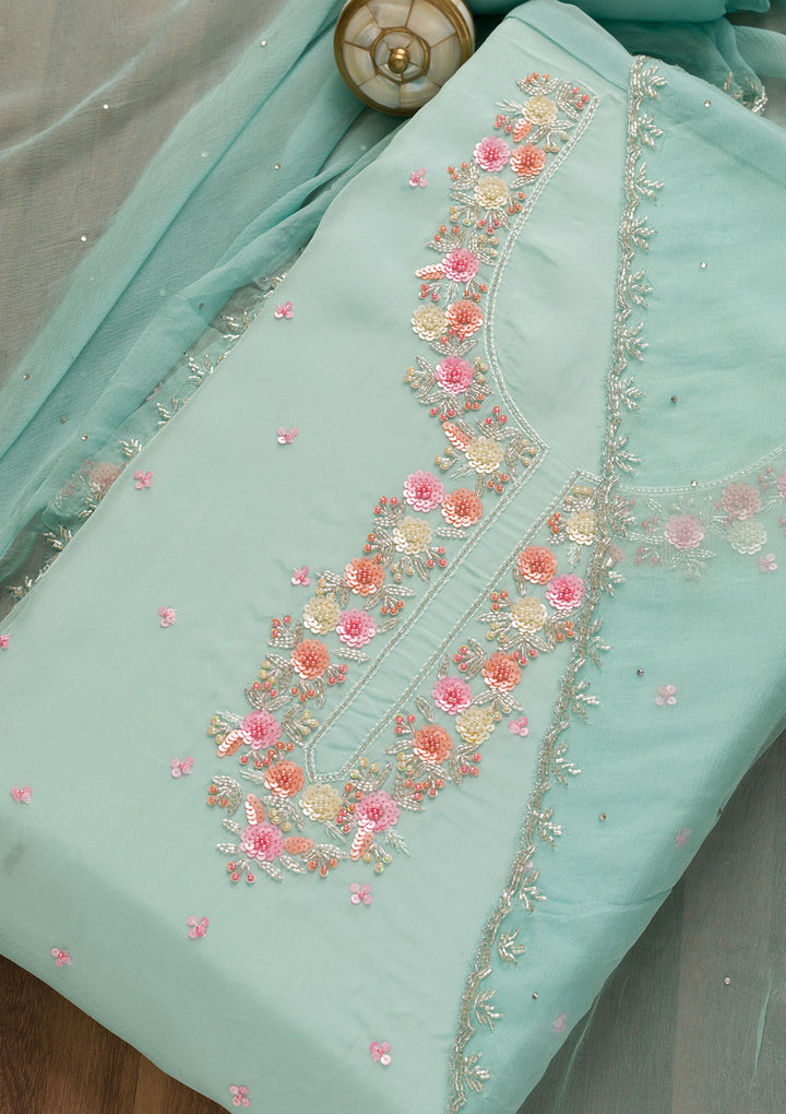 Light Blue Sequins Organza Unstitched Salwar Suit-Koskii