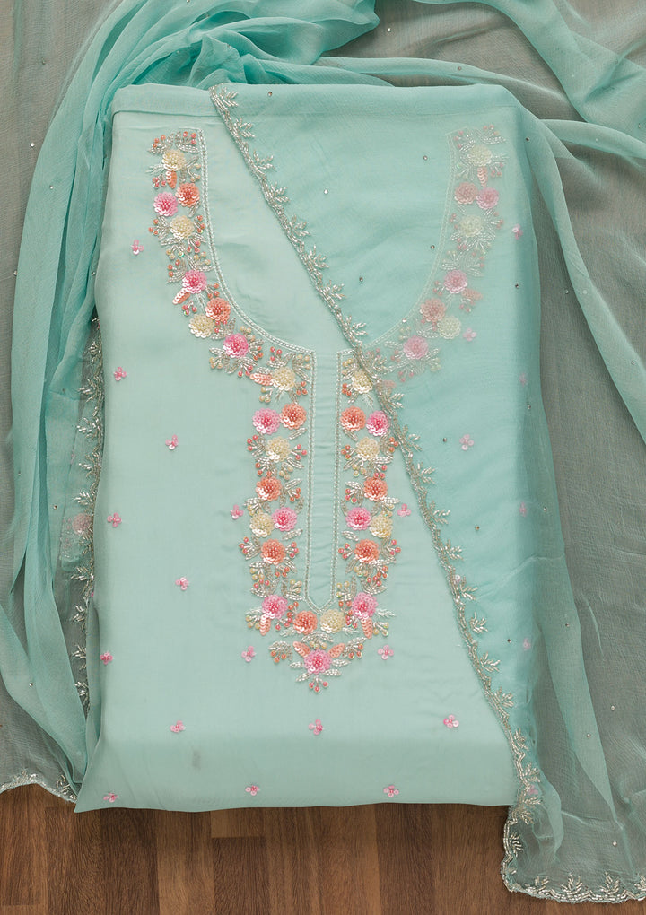 Light Blue Sequins Organza Unstitched Salwar Suit-Koskii