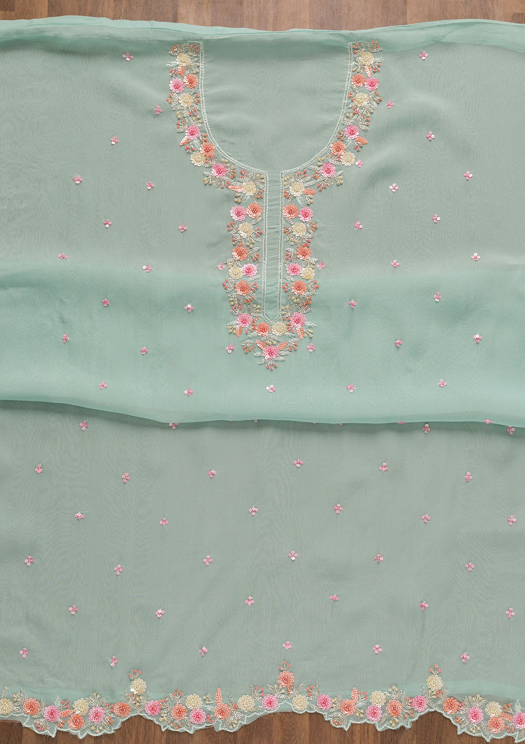 Light Blue Sequins Organza Unstitched Salwar Suit-Koskii