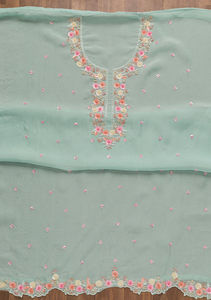 Light Blue Sequins Organza Unstitched Salwar Suit-Koskii
